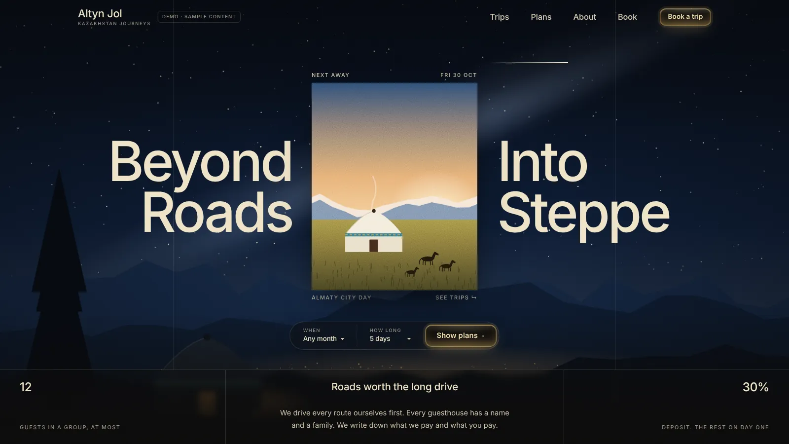 Altyn Jol sample travel website: the headline “Beyond Roads, Into Steppe” around a picture of a yurt on the steppe at sunrise