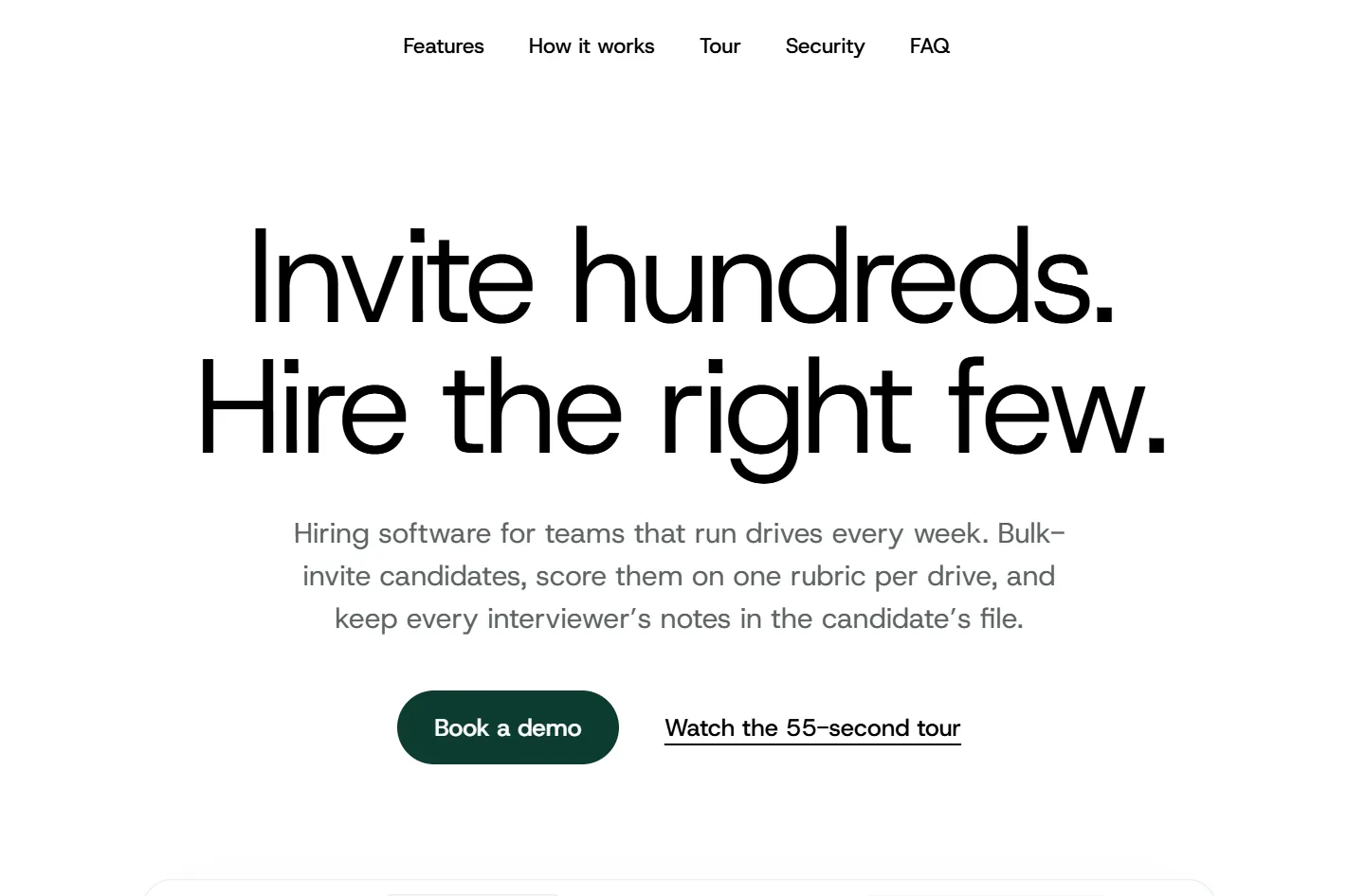 Hiring platform home page with the headline “Invite hundreds. Hire the right few.”